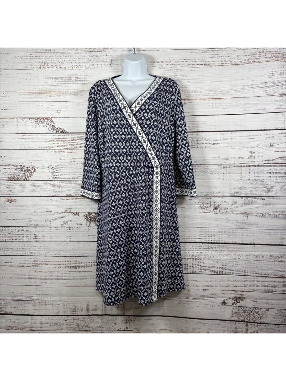 Talbots Navy Geometric Print V Neck Faux Wrap Jersey Knit Dress